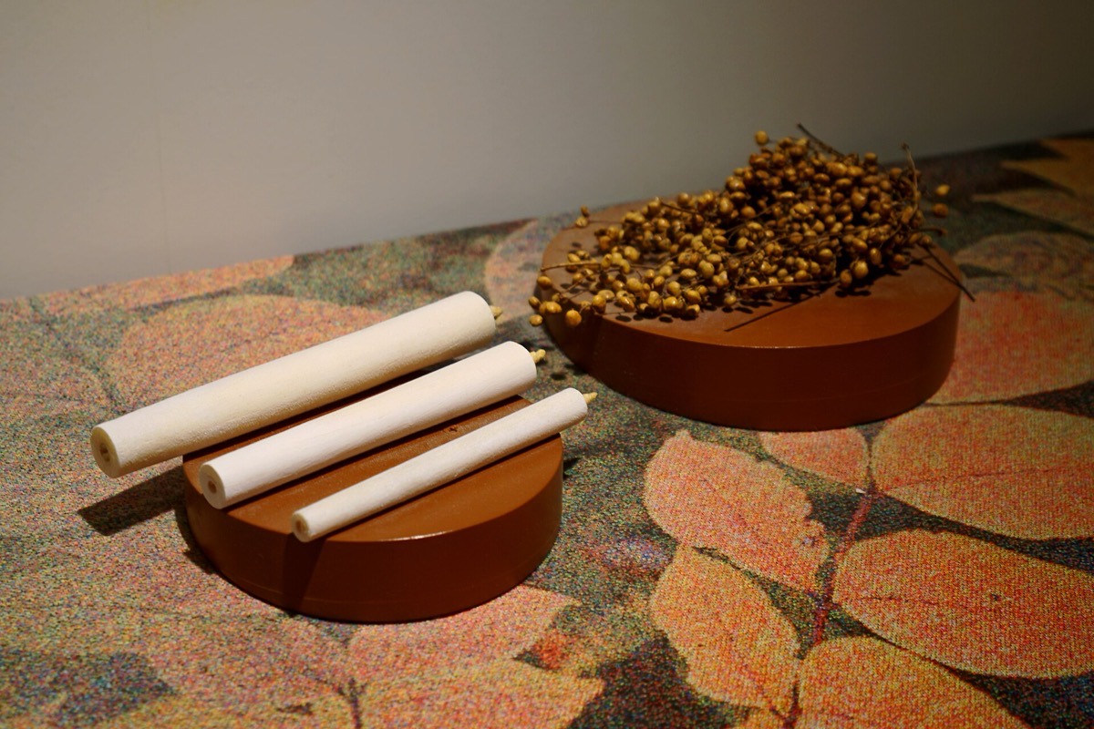 Una vitrina de museo: tres velas japonesas enrolladas a mano, color crema, sobre un disco de terracota, junto a un segundo disco colmado de bayas secas de urushi con sus tallos.